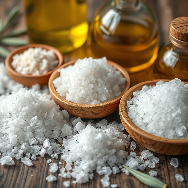 Diferentes tipos de sal e azeite para esfoliação.