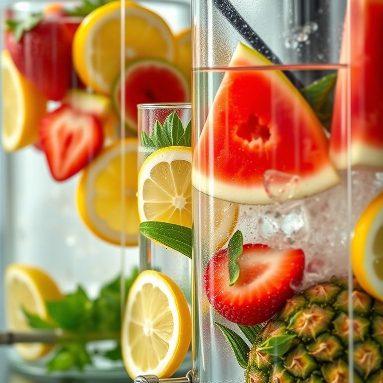 Dispensadores de água com frutas coloridas para infusão, conceito refrescante de verão.