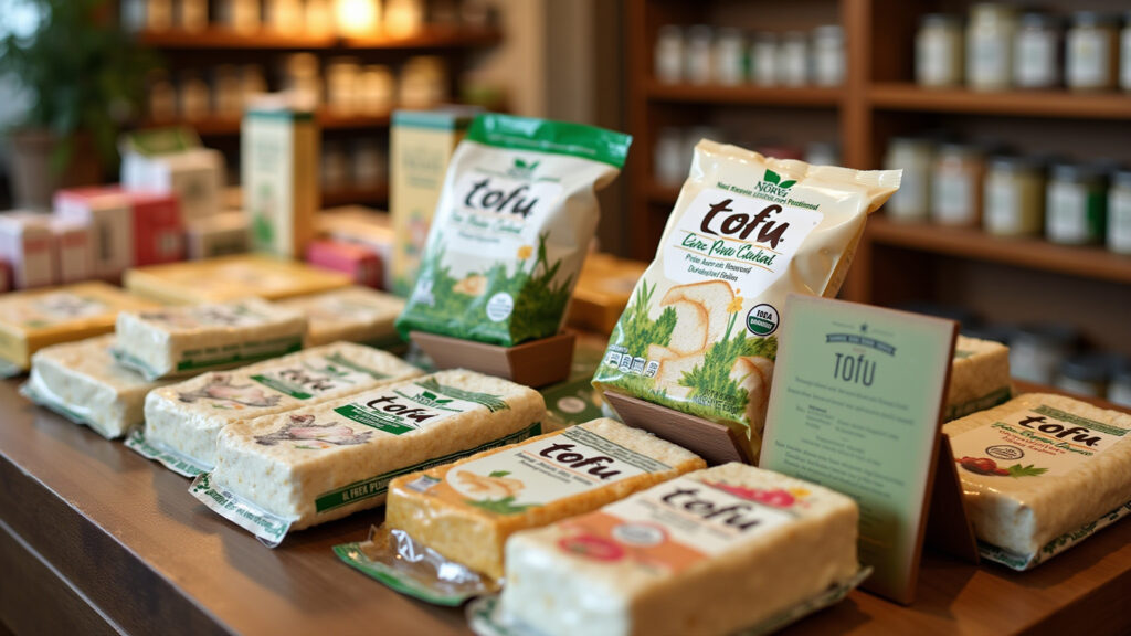 Display of various tofu brands in a natural products store. Focus on packaging, organic options. Variedade de marcas de tofu em loja de produtos naturais.