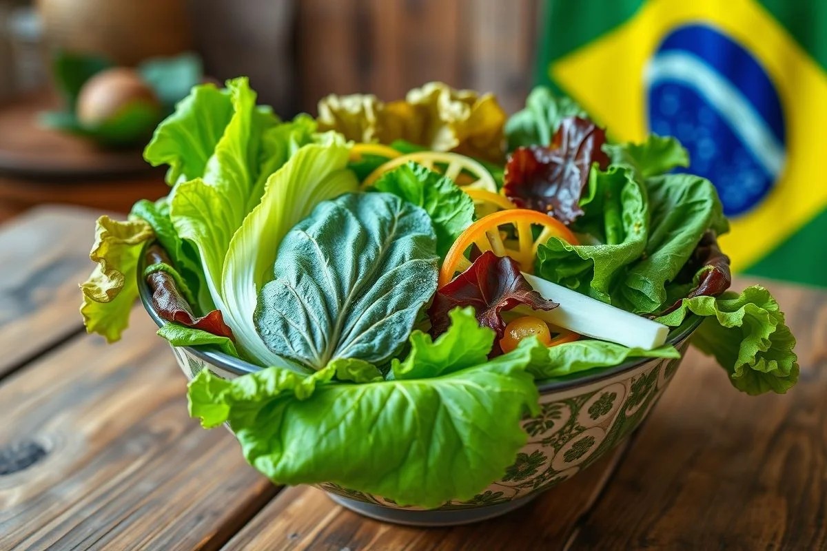 Salada colorida com diversas variedades de alface em uma tigela de madeira rústica, com a bandeira do Brasil ao fundo.