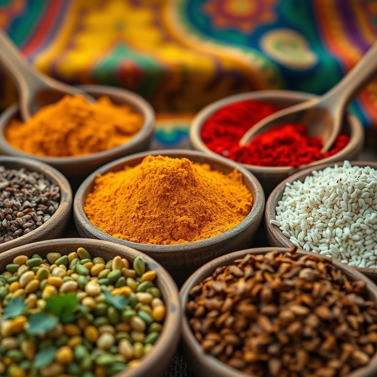 Diversos temperos coloridos para feijão em potes e colheres de pau.