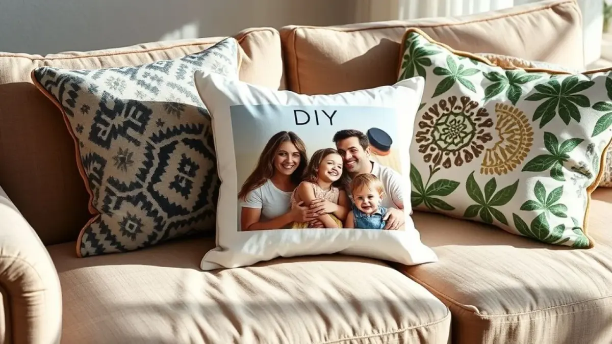 Almofada DIY com foto de família impressa em tecido.