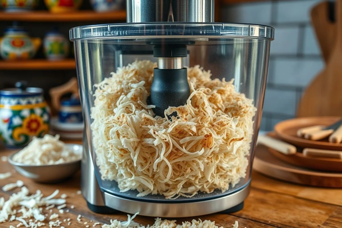 Cebola desidratada sendo processada em processador de alimentos.