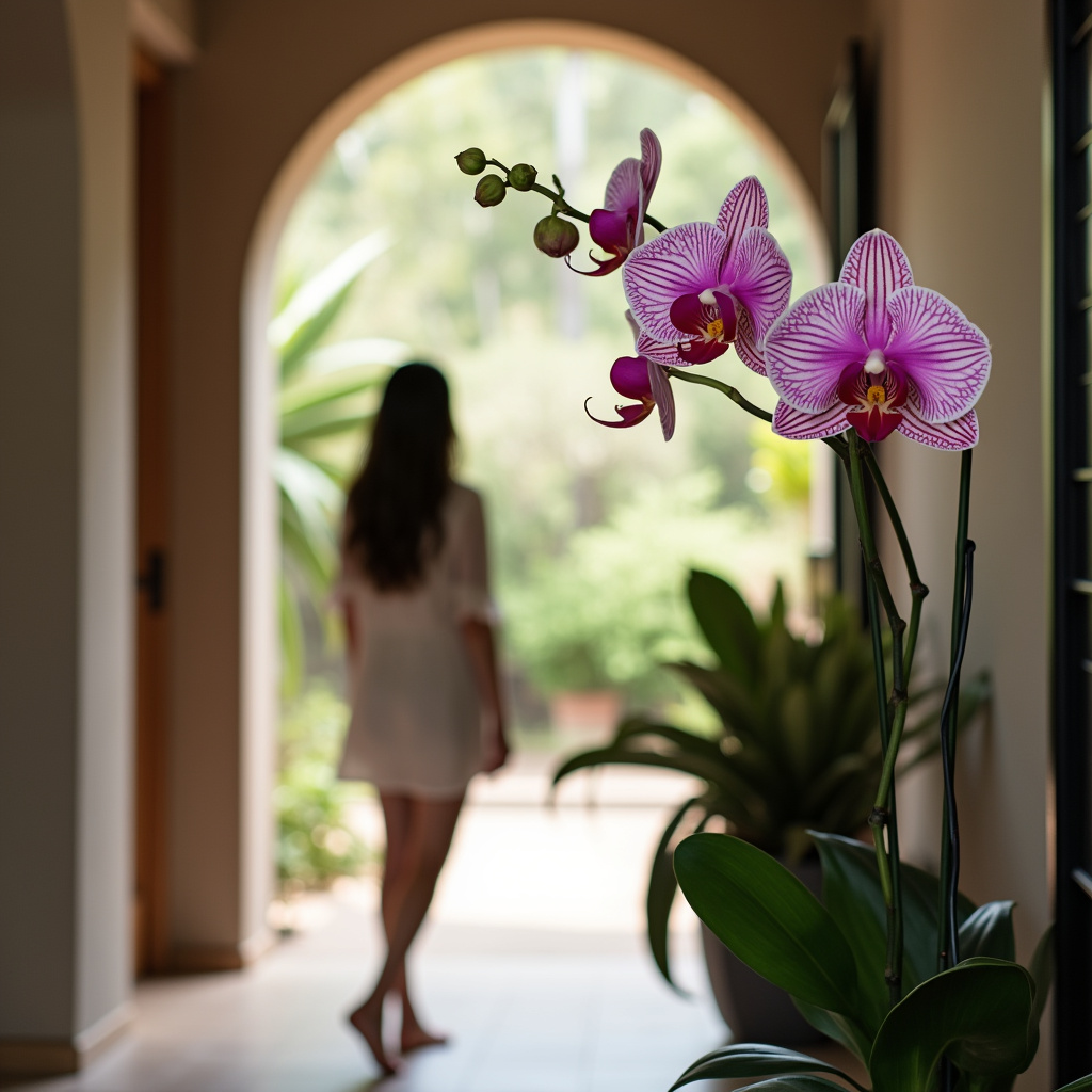 Elegant Phalaenopsis orchid in a modern Brazilian entryway, soft light, woman admiring, Orquídea Phalaenopsis elegante trazendo prosperidade para o lar.