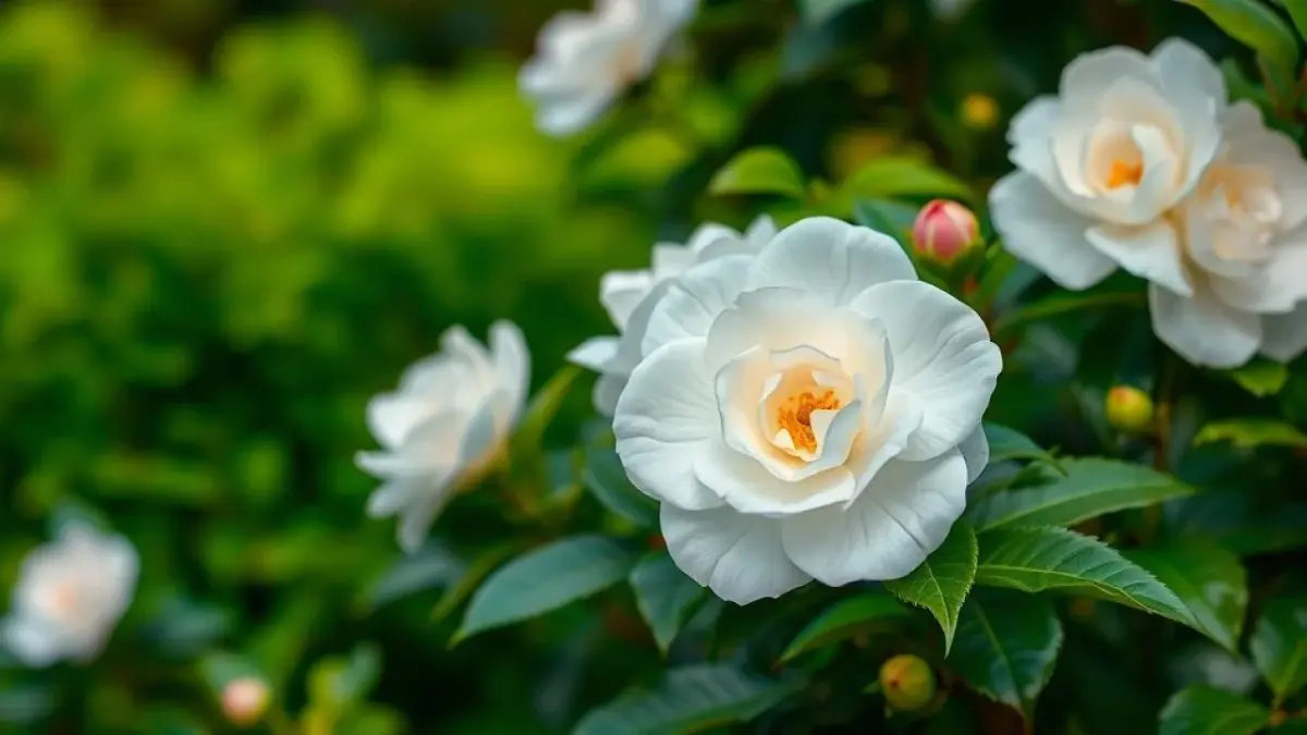 Camélias brancas elegantes em um jardim japonês.