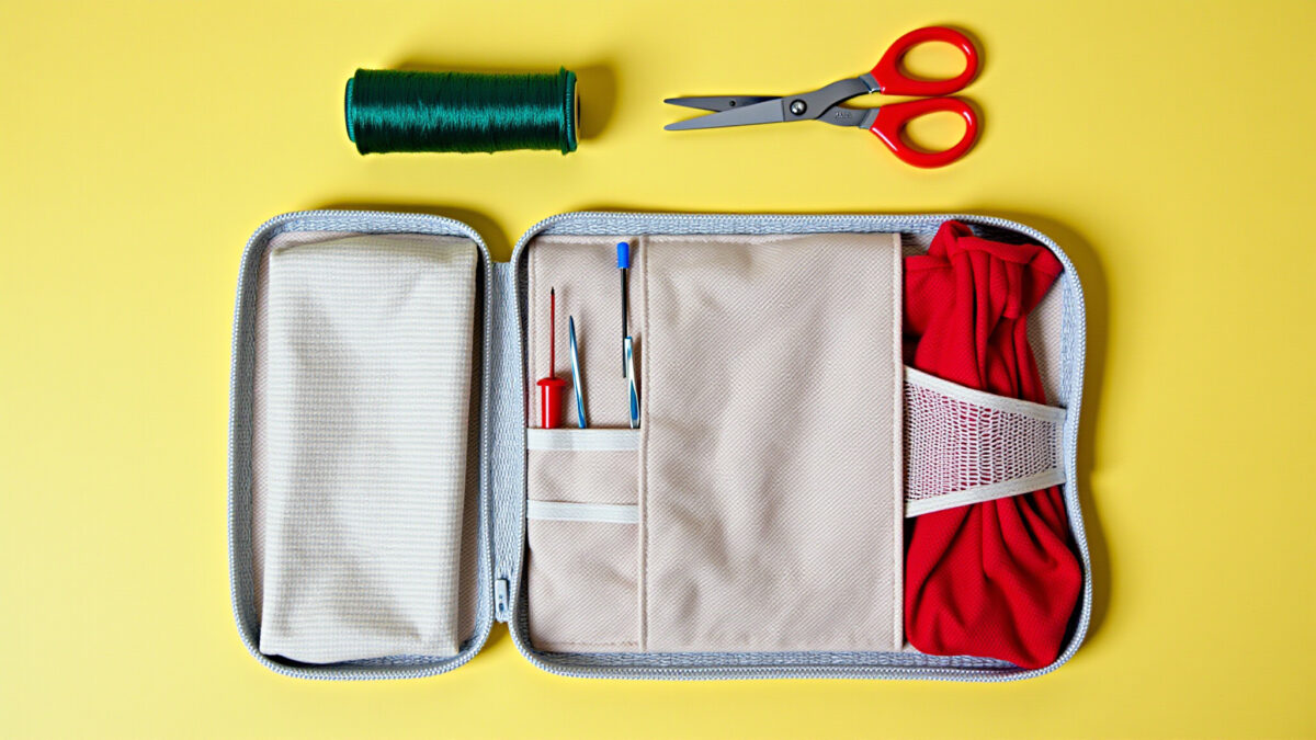 Pequeno kit de costura de emergência para viagens.