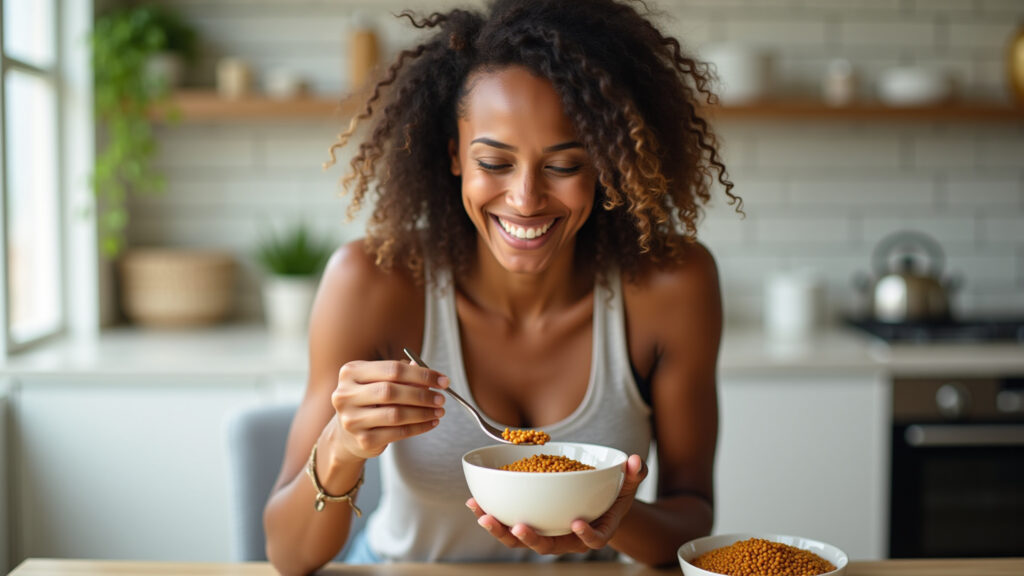 Energetic woman eating lentils for breakfast, complex carbohydrates, natural light, 8K, sharp Mulher energética comendo lentilha no café da manhã.