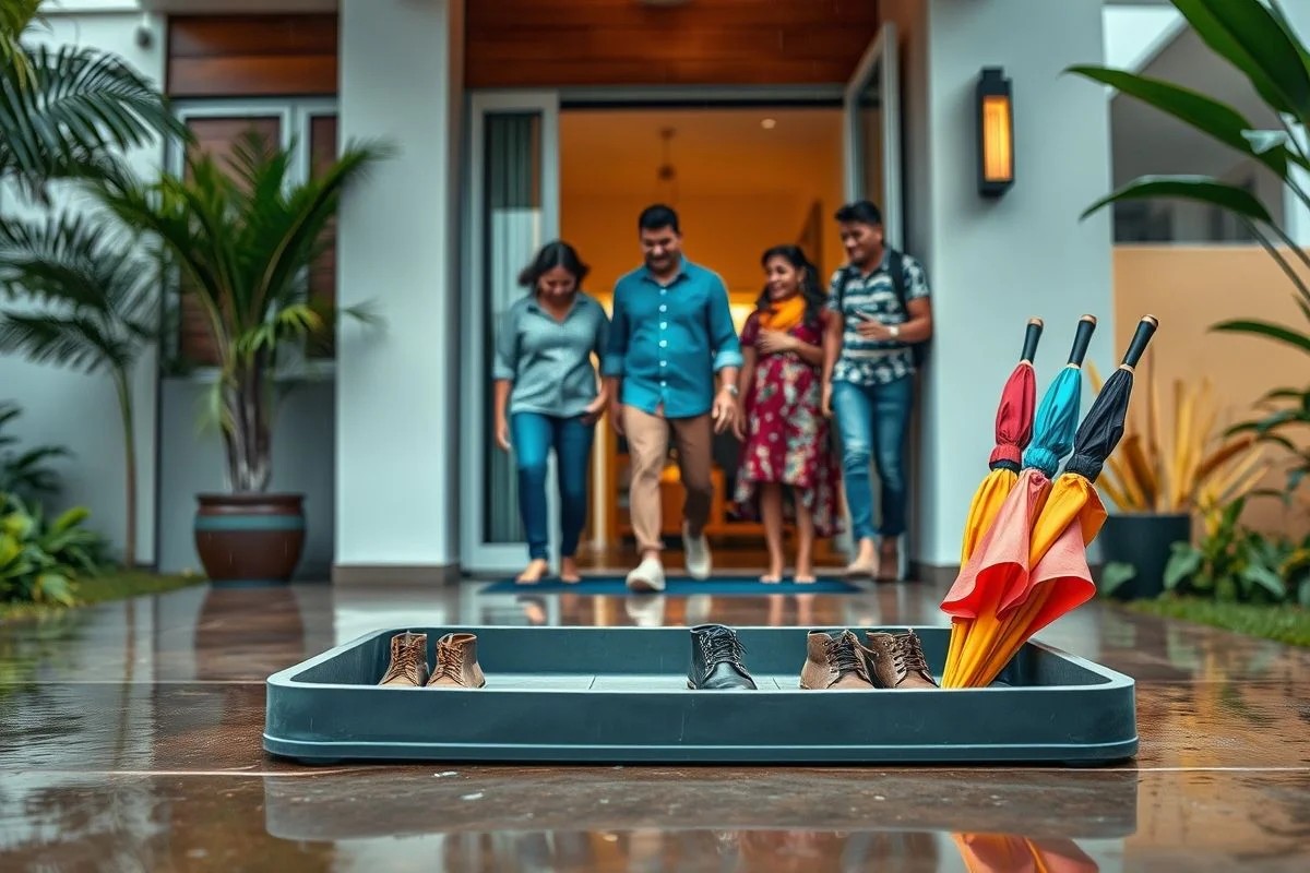 Bandeja organizadora na entrada de casa brasileira com sapatos e guarda-chuvas molhados.