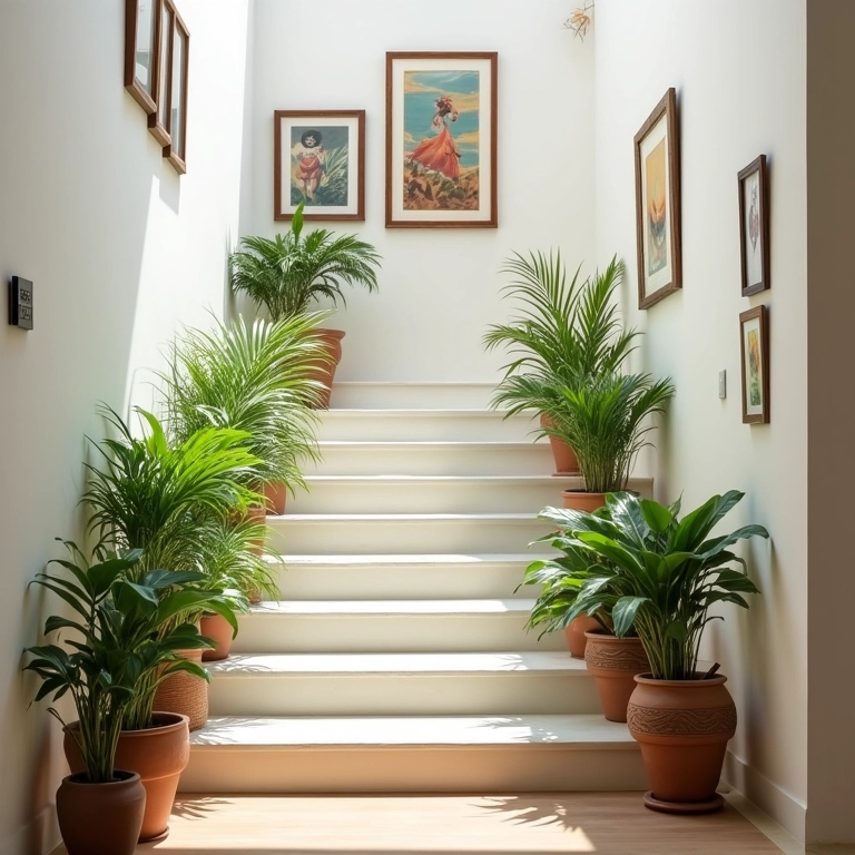 Escada interna decorada com quadros coloridos e plantas exuberantes.