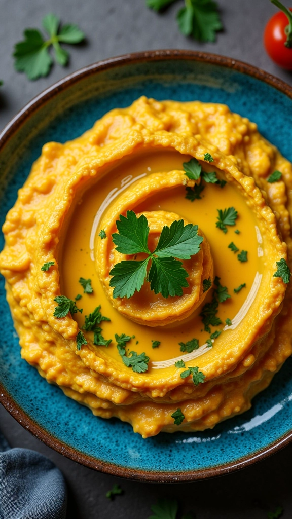 Escondidinho com purê de grão de bico e tahine com salsa.