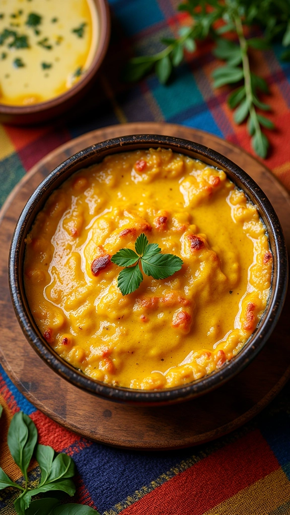 Escondidinho cremoso com cobertura dourada em mesa de madeira rústica.
