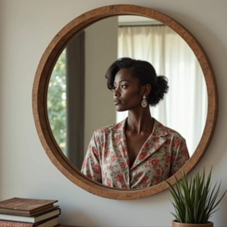 Espelho decorativo moderno refletindo uma sala de estar estilosa.