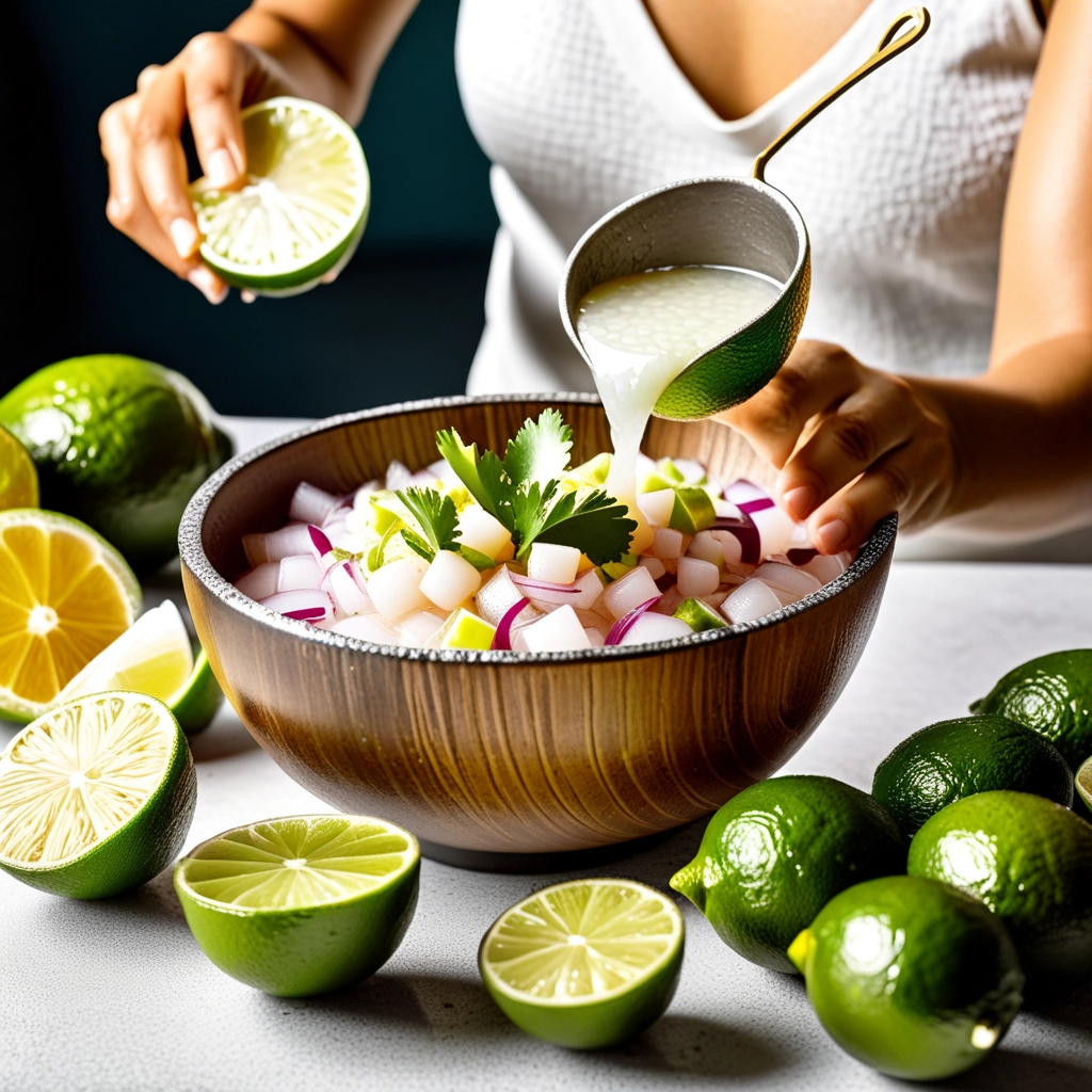 Espremendo limão fresco sobre ingredientes de ceviche.
