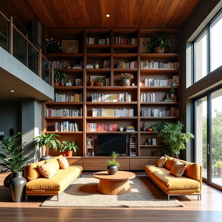 Estante alta aproveitando o pé direito duplo, decorada com livros e objetos em sala de estar brasileira.