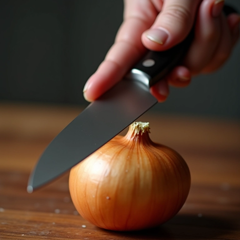 Faca afiada pronta para cortar cebola com precisão.