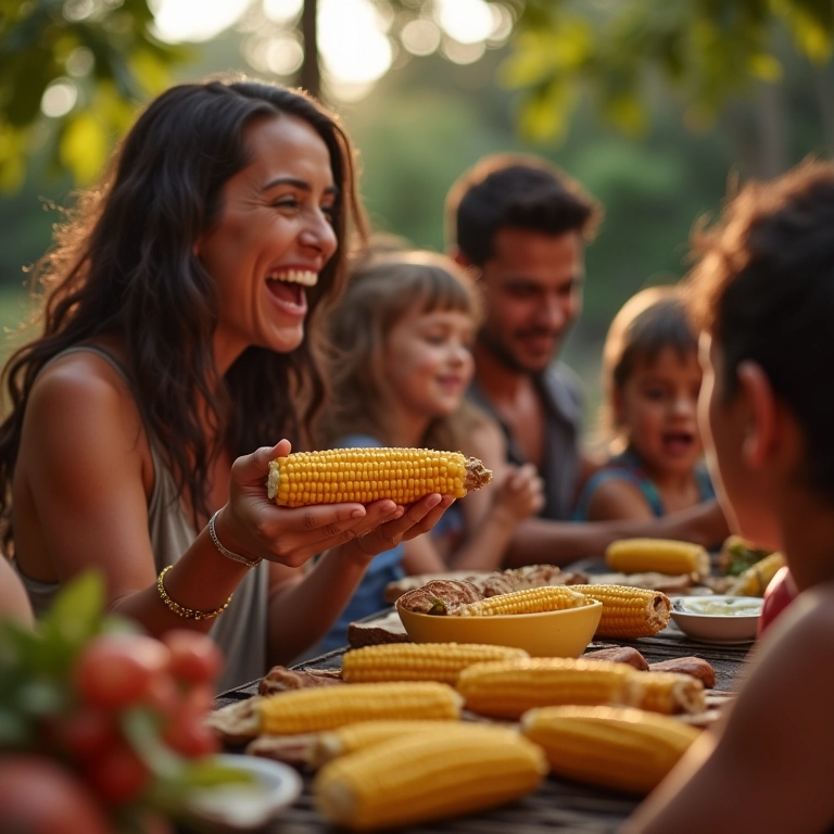 Família brasileira curtindo churrasco com milho na brasa, mostrando alegria e união.