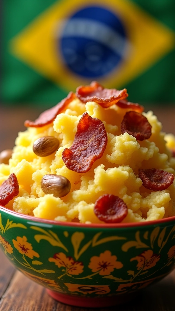 Farofa de banana da terra com bacon e castanhas.
