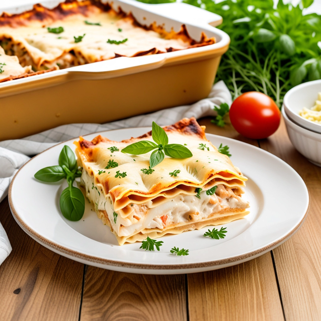 Fatia de lasanha de frango cremosa, decorada com ervas frescas.