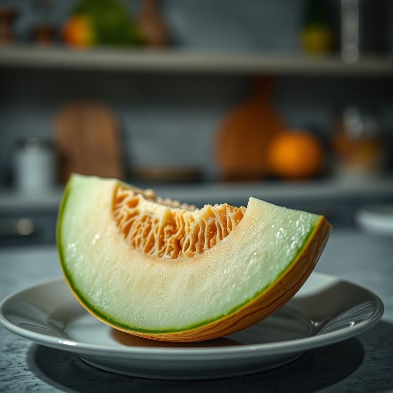 Fatia de melão apetitosa em um prato à noite.