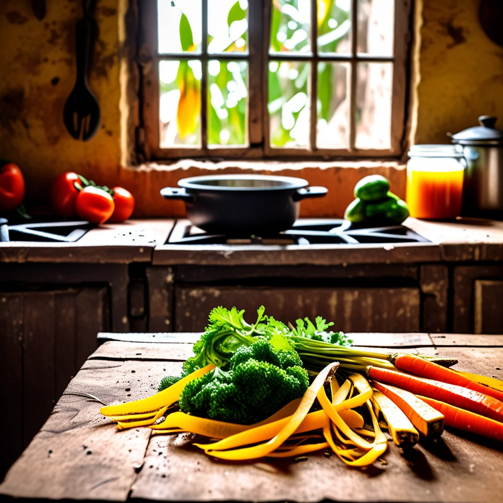 Fazendo caldo de legumes com cascas e talos em cozinha rústica.