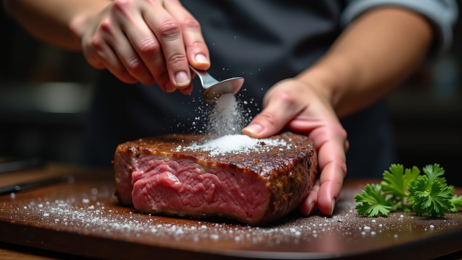 Chef temperando picanha com sal grosso.