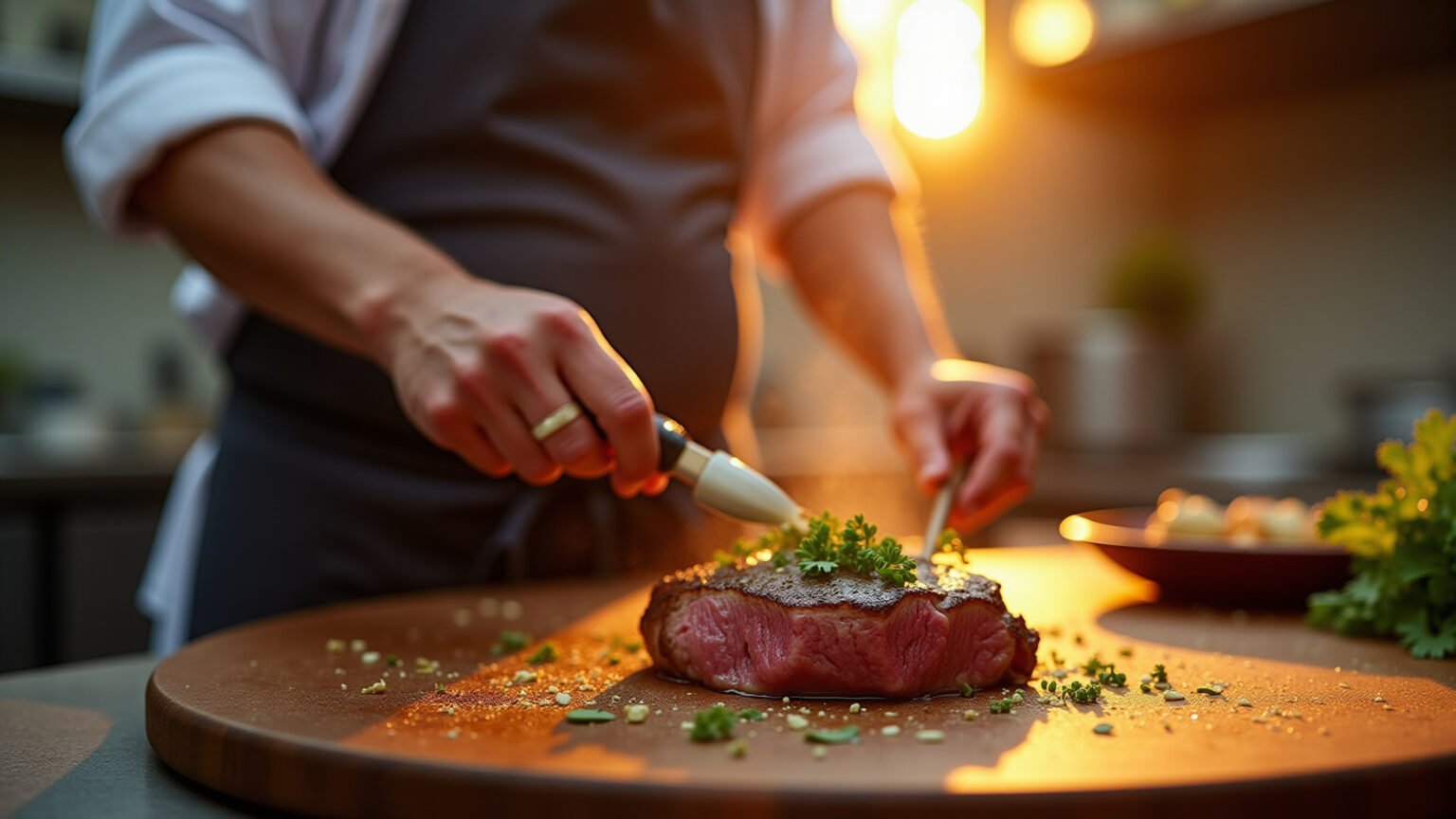 Chef preparando pasta de alho para picanha.
