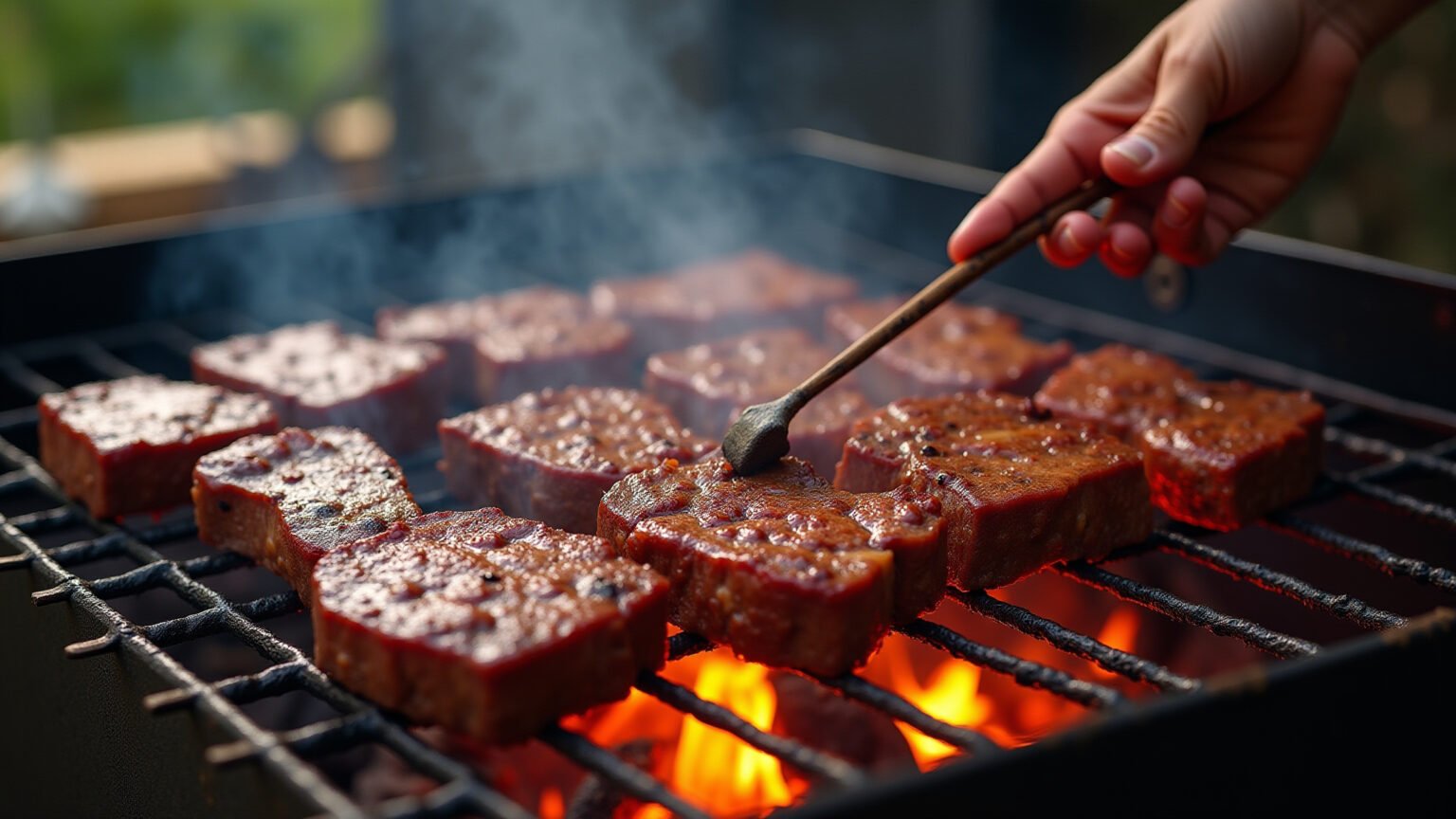 Picanha sendo preparada no espeto e na grelha.