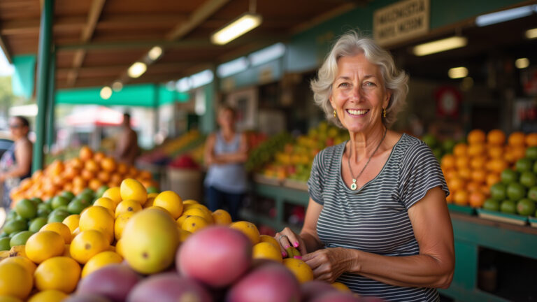 Mercado brasileiro vibrante com frutas tropicais.