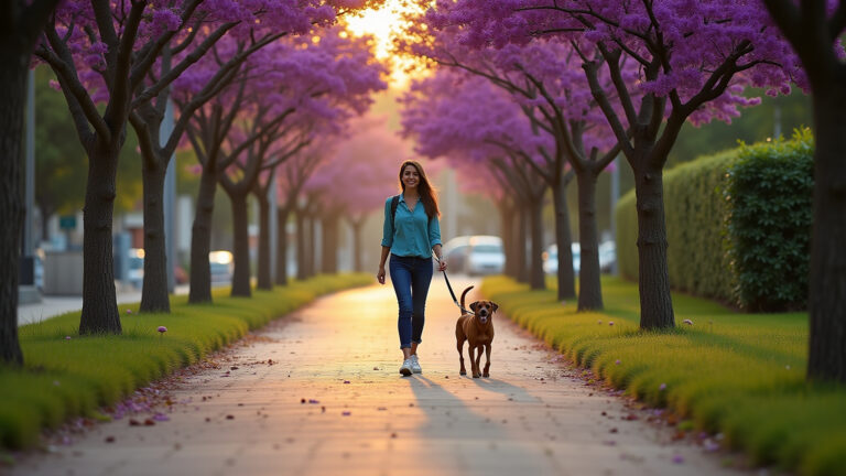 Calçada brasileira com jacarandás floridos.