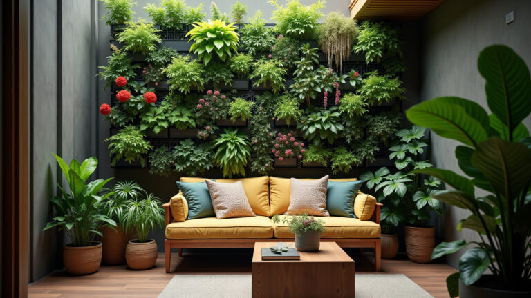 Jardim vertical exuberante em casa brasileira aconchegante.