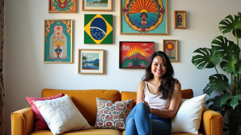 Parede de sala decorada com quadros coloridos de arte brasileira.
