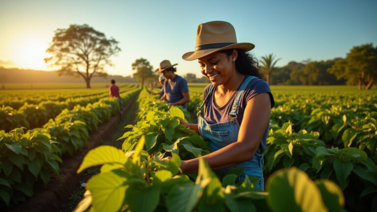 Plantação de Carnaúba no sertão nordestino com trabalhadores sorrindo.