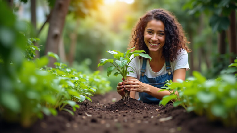 Jardineira examinando a saúde das raízes de uma planta cultivada em substrato.