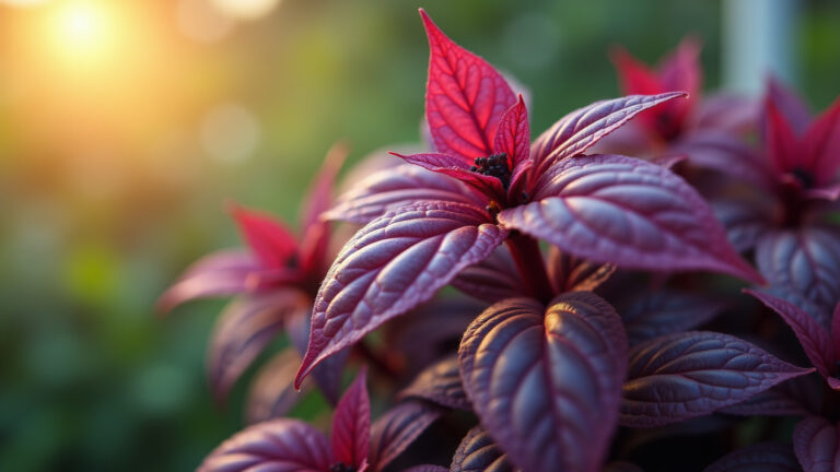 Folhas vibrantes de manjericão roxo em um jardim ensolarado.