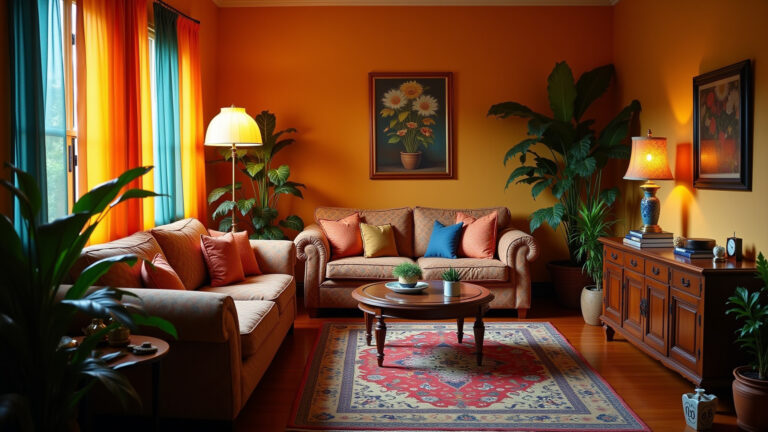 Sala aconchegante com iluminação suave e decoração brasileira.