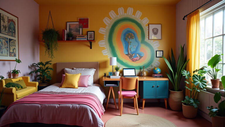 Quarto de adolescente feminino vibrante e decorado com estilo brasileiro.