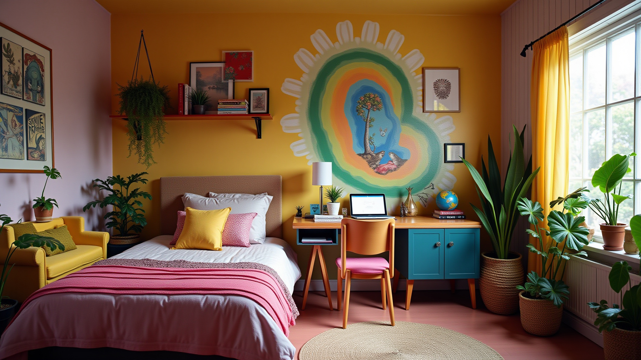 Quarto de adolescente feminino vibrante e decorado com estilo brasileiro.