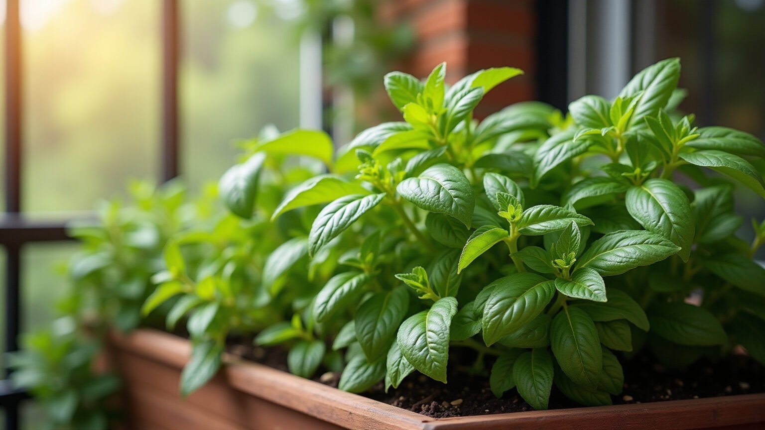 Jardim vertical de temperos vibrante em varanda ensolarada.