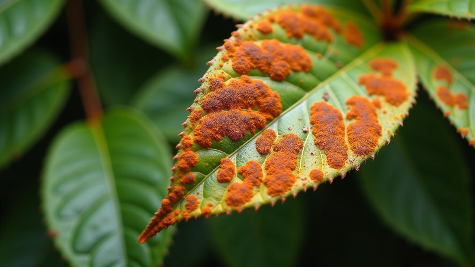 Folha de planta com manchas de ferrugem laranja.