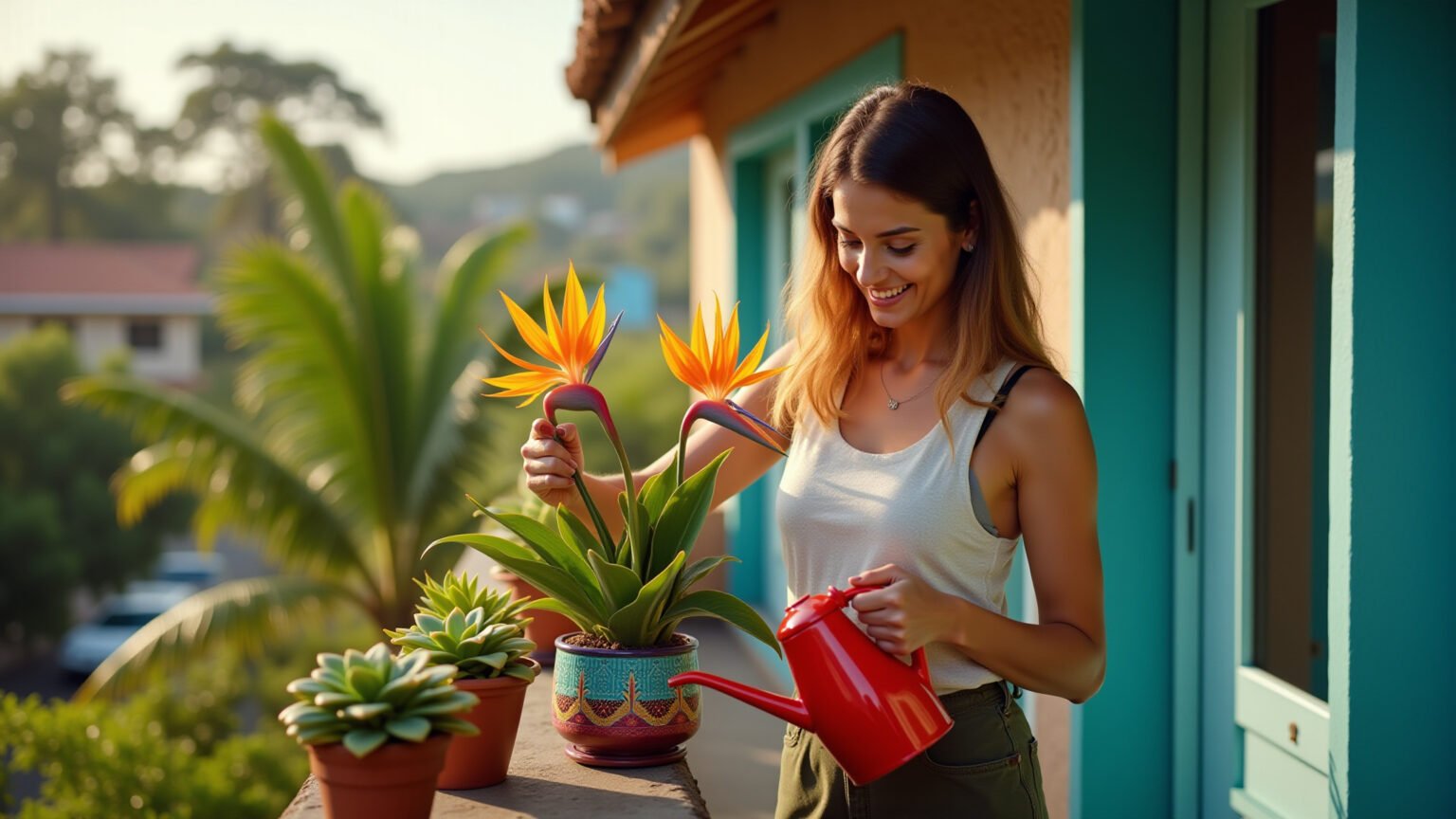 Estrelítzia florida em vaso vibrante na varanda ensolarada.