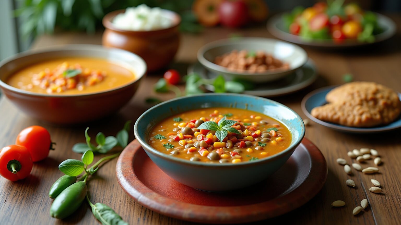 10 Ideias de Receita com Lentilha para Experimentar Hoje! Variedade de pratos deliciosos com lentilha em mesa vibrante.