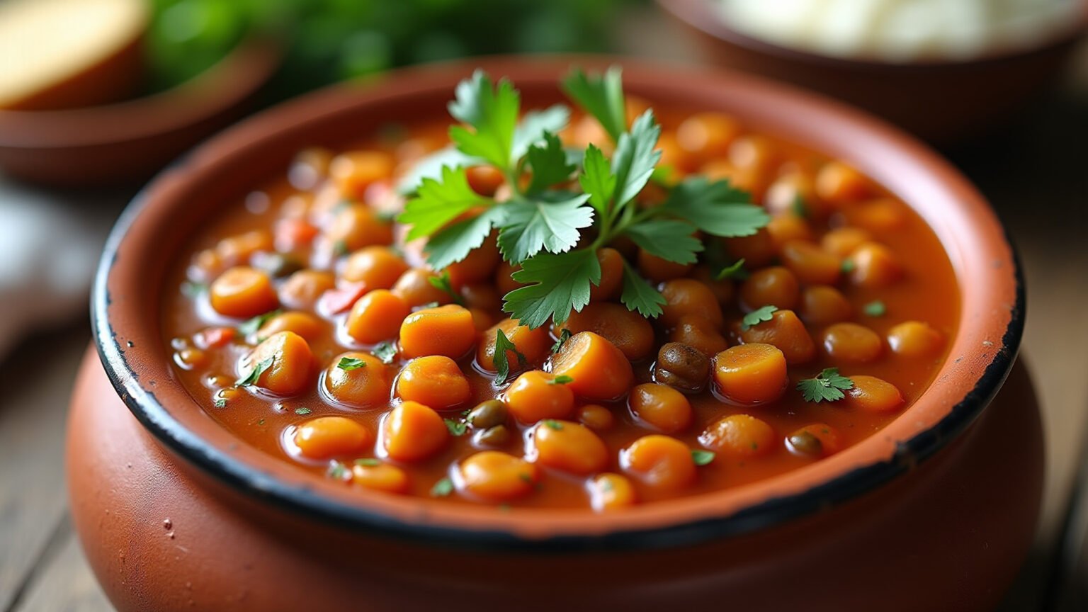 Delicioso ensopado de lentilha com especiarias brasileiras.