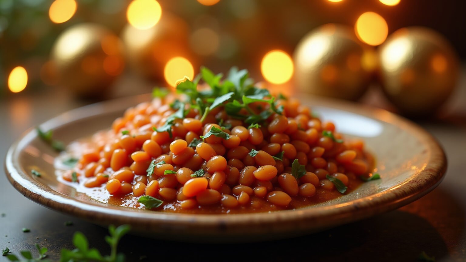 Lentilha de Ano Novo ricamente decorada, simbolizando prosperidade.