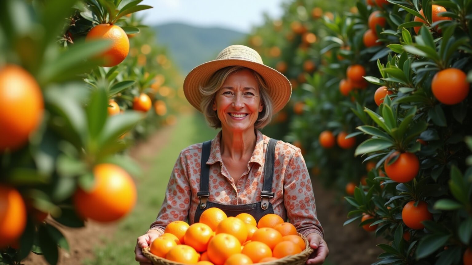 Pomar de laranjas vibrante no Brasil com mulher sorrindo durante a colheita.