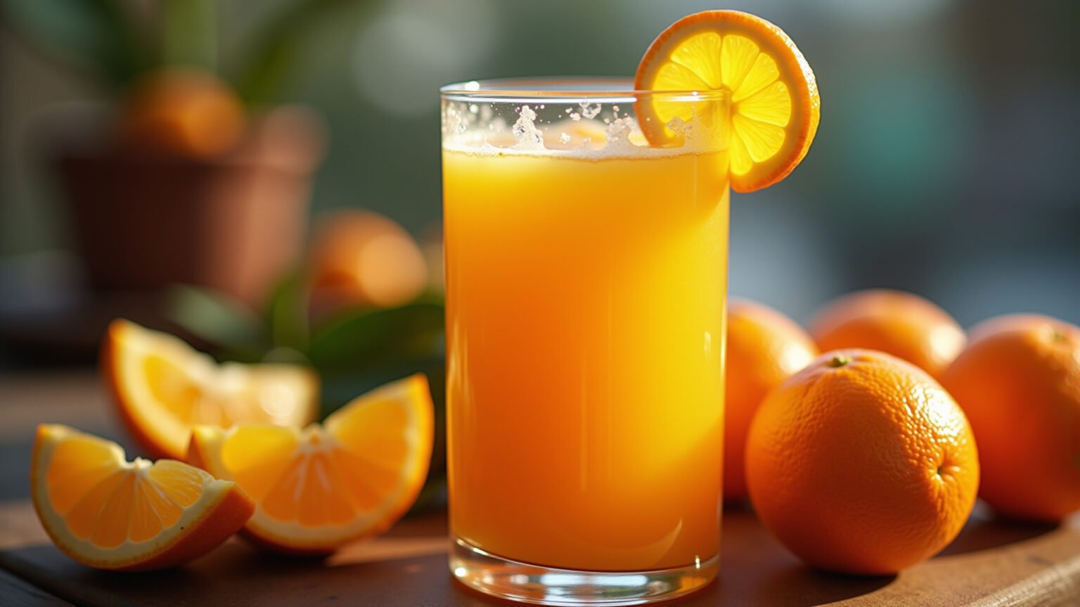 Suco de Laranja Pera gelado em um mercado brasileiro vibrante.