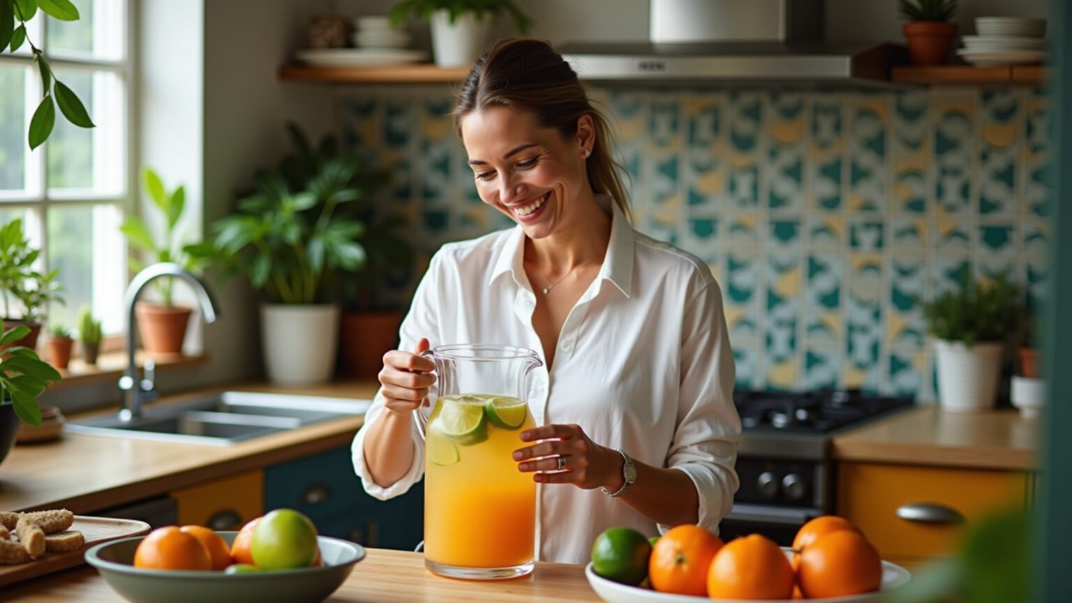 Mulher preparando água saborizada de laranja-lima em cozinha vibrante.