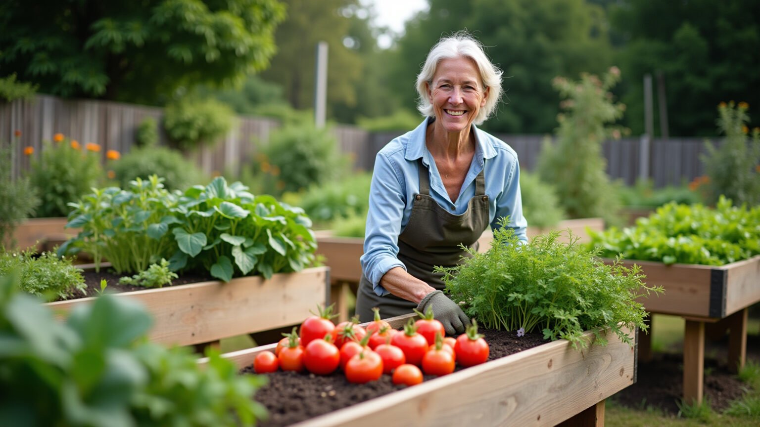 Hortas elevadas vibrantes com mulher sorrindo.