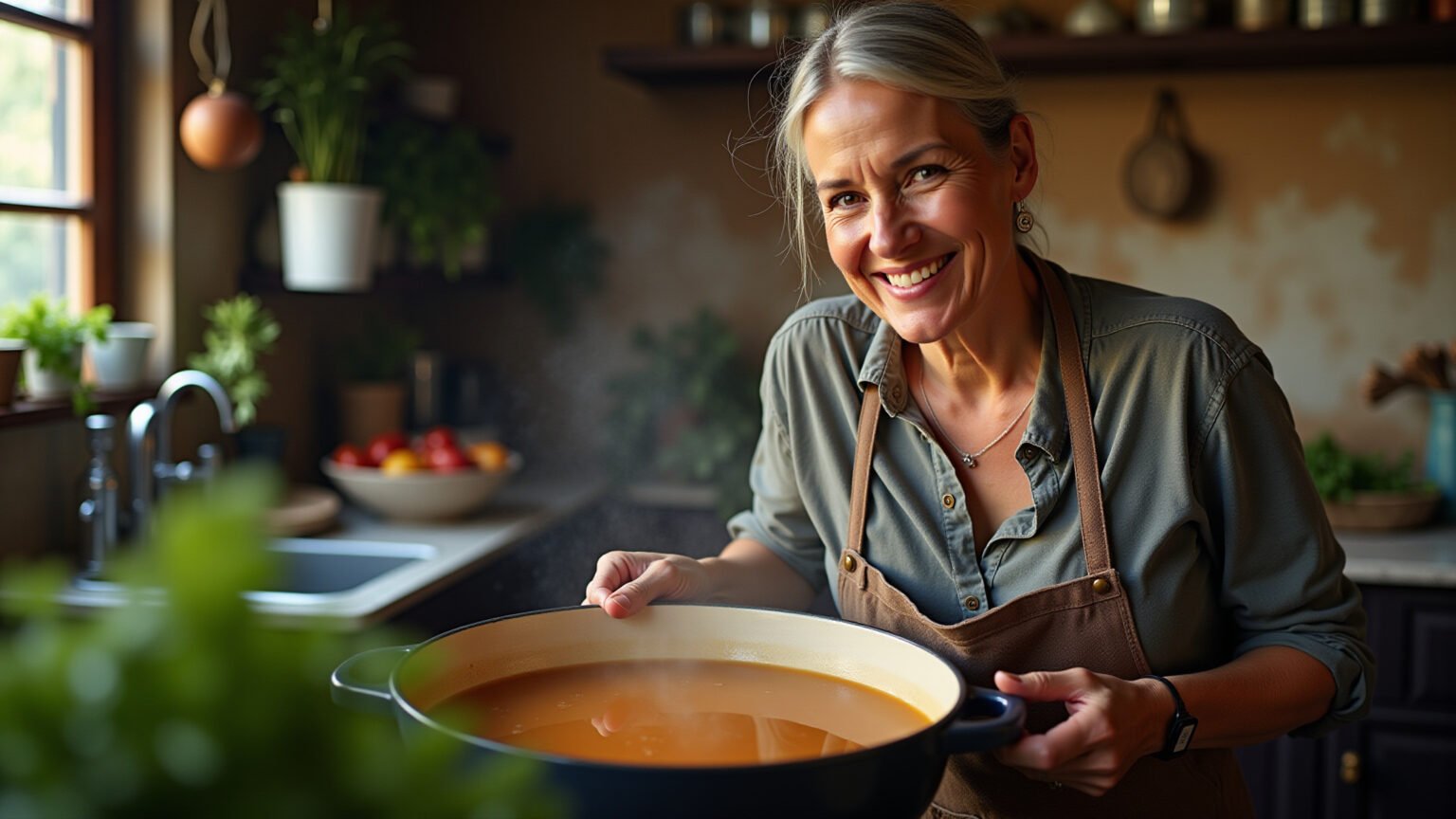 Mulher preparando caldo de ossos caseiro em uma cozinha rústica.