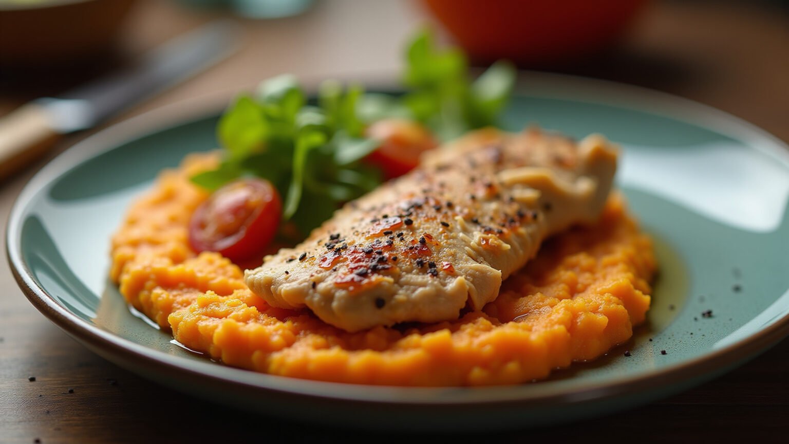Frango cozido desfiado com purê de abóbora, prato saboroso e leve.