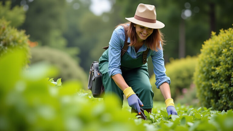 Mulher aplicando herbicida Roundup em plantas daninhas no jardim.